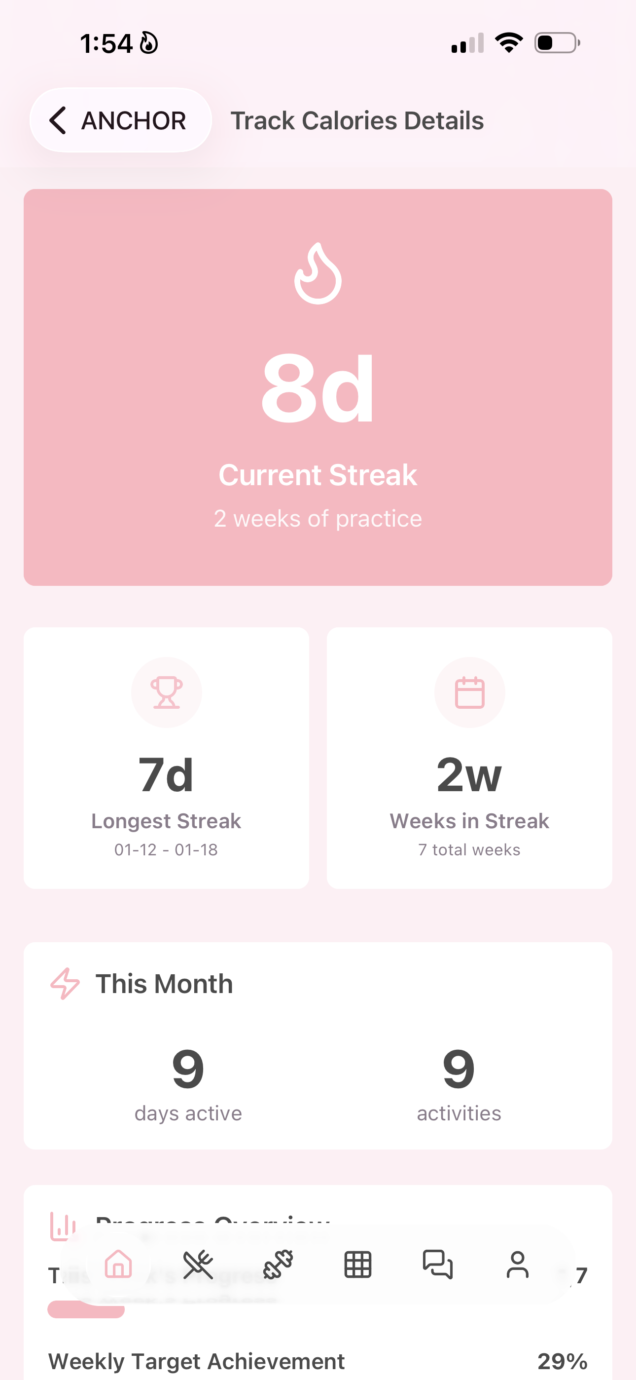 Progress dashboard with RitualStreak and activity stats